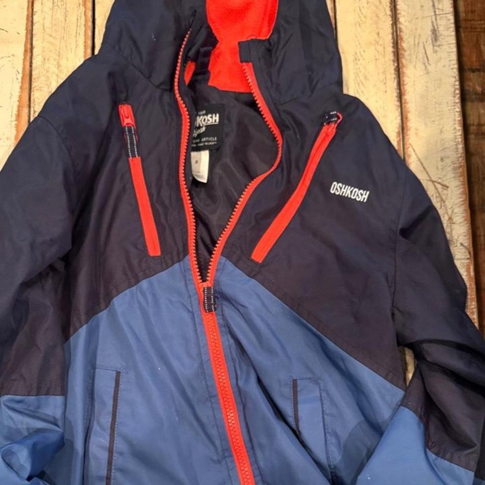 OshKosh Bgosh Kids Navy Blue Orange Colorblock Fleece Lined Hooded Jacket Size 8